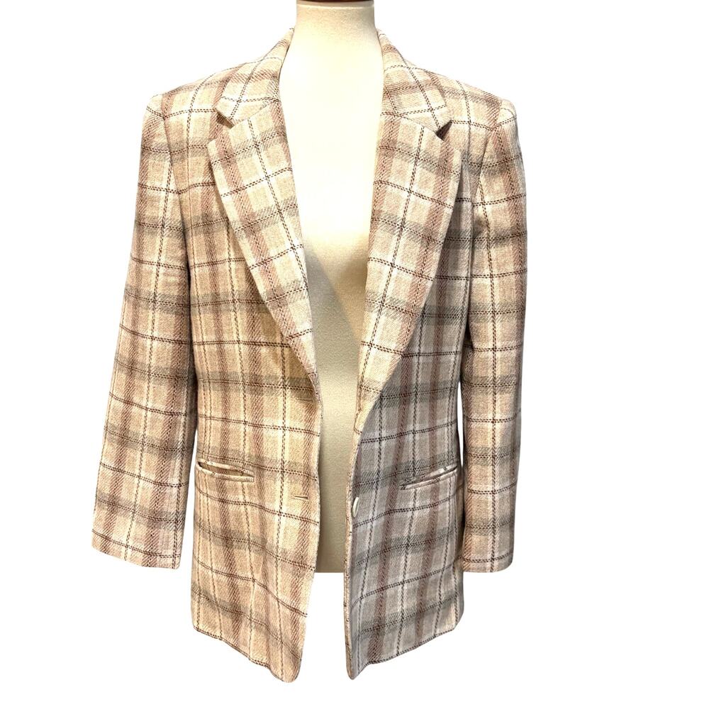 VTG Graff Plaid Tweed Blazer Jacket Brown Cream Wool Academia, Women's Size 10